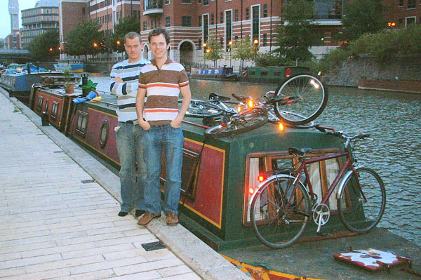Matthew and Brendan beside the narrowboat Greenwood